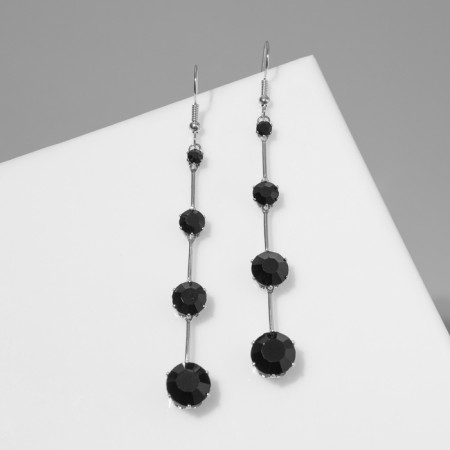 Hanging earrings with rhinestones "Drop" path, black color in silver, 6.2 cm-2
