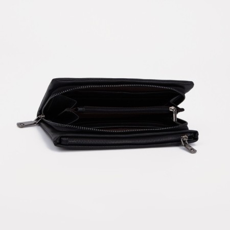 Male purse with zipper, department for bills, for maps, for coins, black color-2