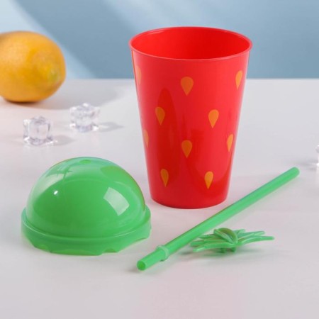 Watermelon glass, 450 ml, with a tube and lid, red color-3
