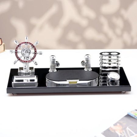 Set of desktop stationery 6B1 with a business card holder and hours, a black tree-2
