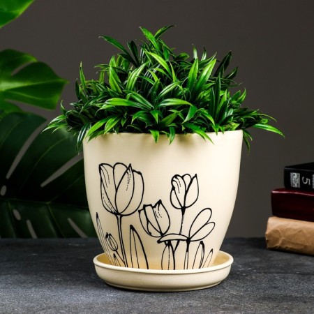 Flower pot "Tulips" beige, 2.4 liters