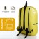 A backpack with a zipper, an outer pocket, 2 side pockets, yellow color