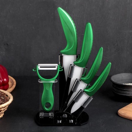 Kitchen kit on the stand “bend”, 5 objects: 4 knife, 7.5 cm, 10 cm, 13 cm, 15 cm, vegetable cleaning, green color-9