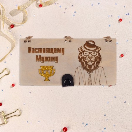 Wooden envelope "True man" handmade, dark, lion, 16.5x8 cm