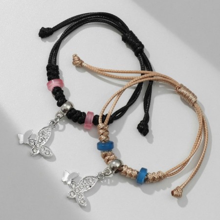 Bracelets "Demetrons" Two butterflies with beads, black-beige color, 8 cm-2