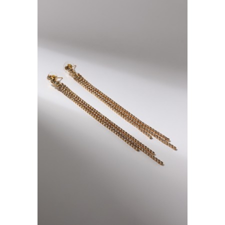 Hanging earrings with rhinestones "drops" three threads, white color in gold, 14 cm-3