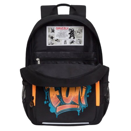 School backpack, 40 x 25 x 13 cm, Grizzly, ergonomic back, laptop department, black/orange-2