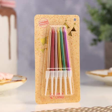 Candles in cocktail cake "Happy Birthday", 6 pcs, 6.5 cm, metallic-4