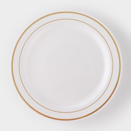 Plastic disposable plastic, 23 cm, round, flat, white color with a golden pocket-4