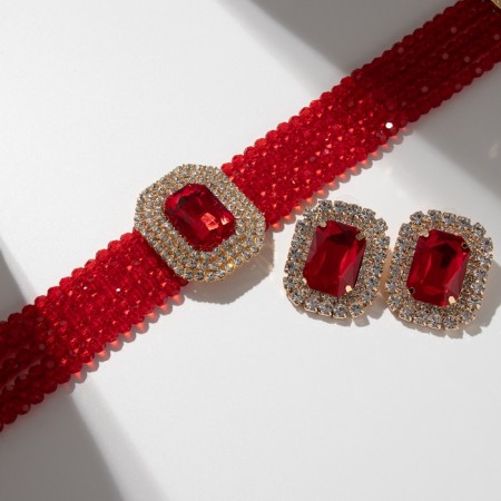 Set 2 items; Earrings, Knock Luxury Large Stone, Red color in gold, 42 cm-1