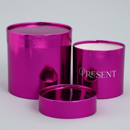 A set of boxes 2 in 1 round, gift packaging, “Present”, pink metallic, 12 x 12, 15 x 15 cm-3