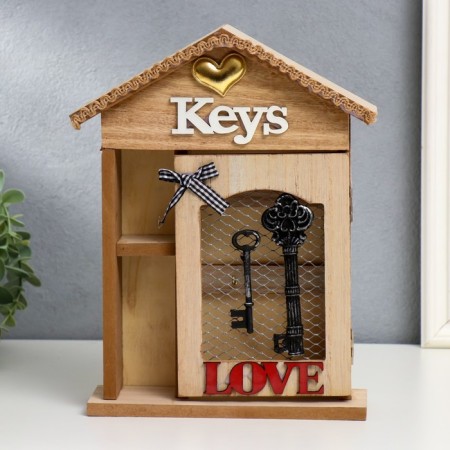 Keywood wood 4 hook and shelf "keys and heart" 26x21x6 cm