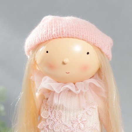 Interior doll "Baby in pink, with a flower, with long hair" 41.5x14.5x16 cm-6