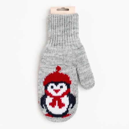 New Year. Double children's mittens, gray/penguin color, size 14 (6-9 years)-3