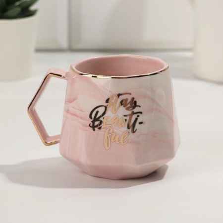 Ceramic mug Stay Beautiful Pink marble, 350 ml, pink color