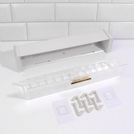 Organizer for storage, hinged, 1 section, with an adhesive base and hooks, 38.7 × 8.5 × 6.5 cm, translucent/white color-5