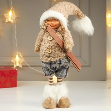 Interior doll "Boy in a beige fur jacket, with skiing in the hand" 47x12x15