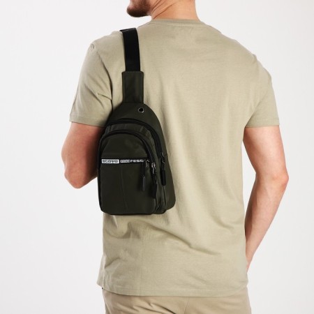 Male sling bag from textiles, headphones, green color