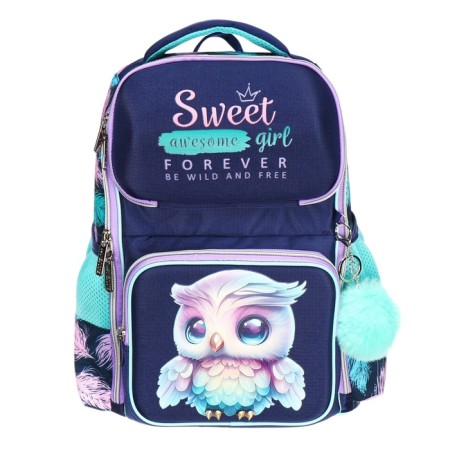 School backpack 37x28x14, ergonomic back, Devente Smart 14l, Happy Owl, for girls, turquoise/purple-2