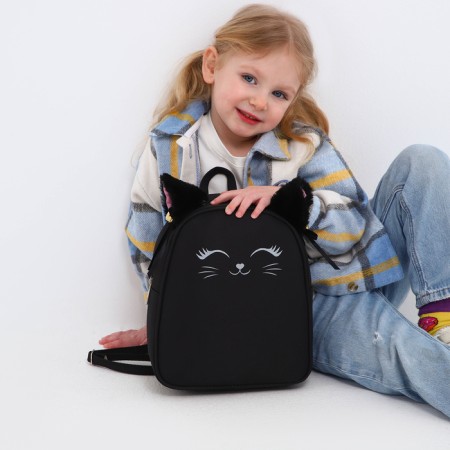 School textile backpack with ears on the hairpins "Cat", 27x23 cm, black color-14