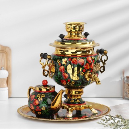 Khokhloma set, oval, 3 objects, samovar 3 l, a teapot 0.7 l, tray-13