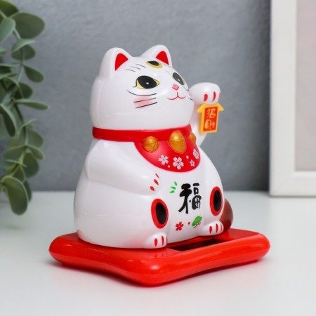 Plastic pendulum from the solar battery "Cat manei-nako Kosynka with flowers" White 9.5x10x9.5 cm 73535-1