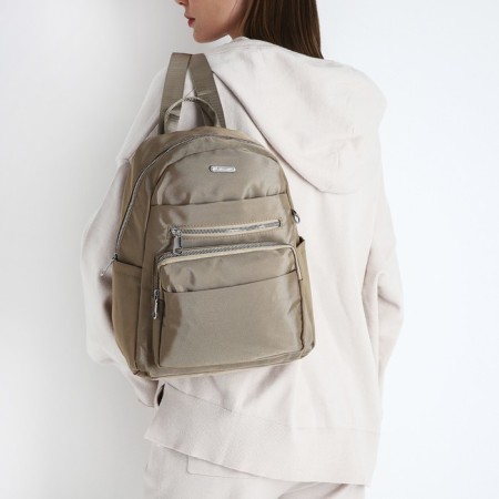 A backpack with a zipper, 5 outer pockets, pencil case, beige color-10