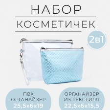 A set of cosmetic bags 2 in 1 on a zipper, with a pen, blue color