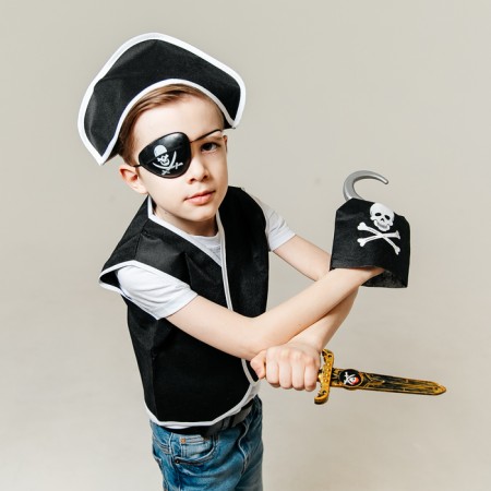 Pirate carnival costume, 6 items: hat, vest, overshadow, dagger, hook, code-2