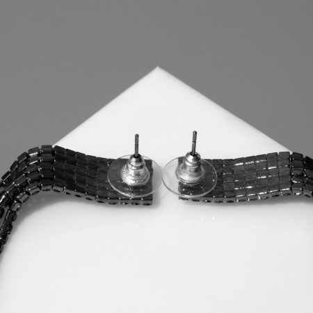 Hanging earrings with rhinestones "Waterfall" on a rectangle, black color in gray metal, 12.7 cm-3