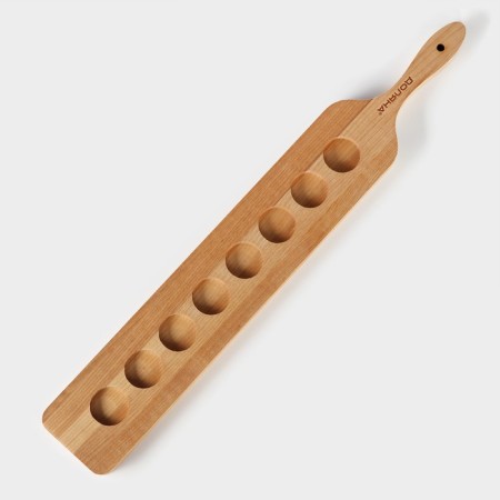 Board for feeding shots with a handle, 60 × 9 × 1.8 cm, 8 glasses, diameter of cells 3.9 cm, with impregnation, birch-2