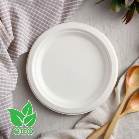 Disposable plate ECO, D = 17.2 cm, round, from sugarcane, white color