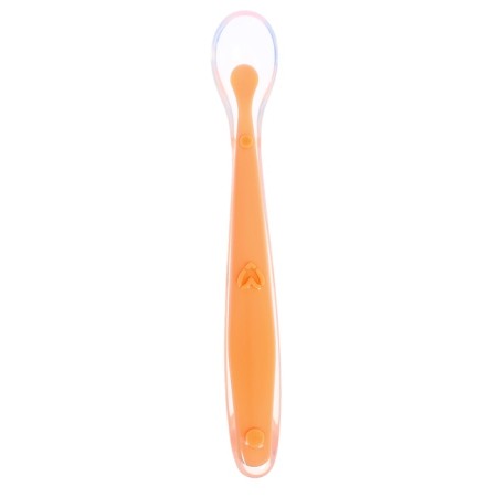 A spoon for a nursery, for the first feeding, in a container, orange-1