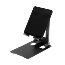 A tablet stand, adjustable, folding, rubber inserts, black