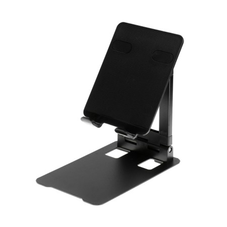 A tablet stand, adjustable, folding, rubber inserts, black