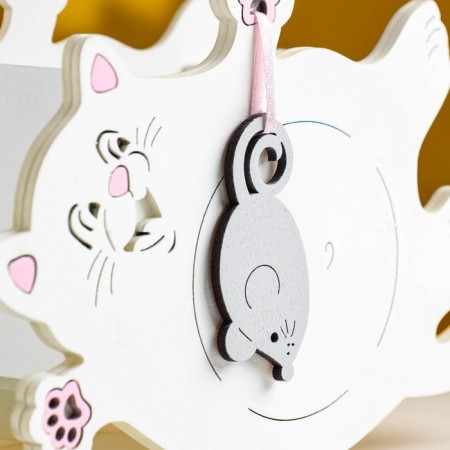 Kashpo wooden "Cat with mouse" Small 19x7.5x12 cm white-3