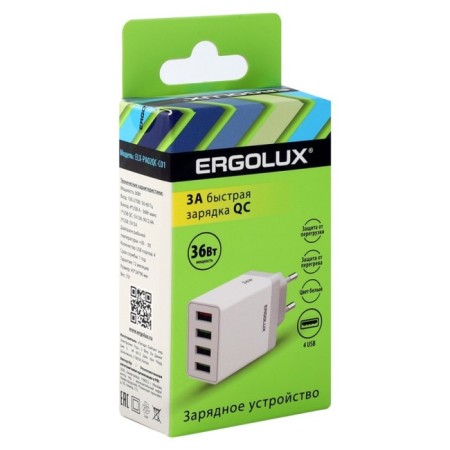 Network charger QC Ergolux ELX-RA02QC-C01, 4 USB, 3A, 36W, fast charging, white-2