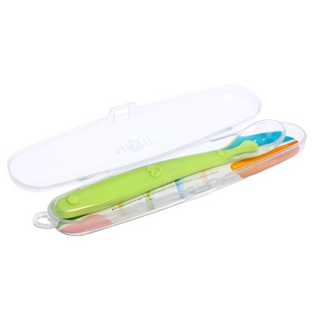 A spoon for a nursery, for the first feeding, in a container, green-5