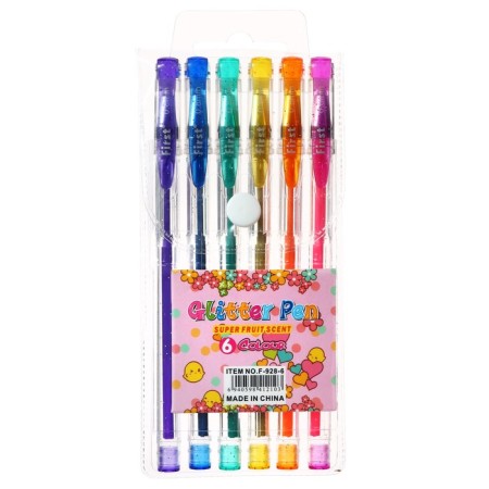 A set of gel pens, 6 colors, with sparkles, in a blister on the button