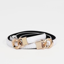 Women's belt, width 1 cm, metal buckle, white color