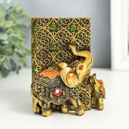 Souvenir Polystone Pencil "Elephant and Elephant in the Popone with Flower" Bronze 8.5x9x11.5 cm-2