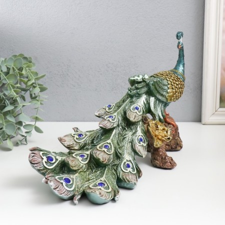 Polystone souvenir "Peacock with green feathers with gold stroke on the snag" 32x14x20.5 cm-1