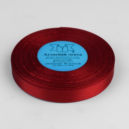 Satin tape, 12 mm × 33 ± 2 m, dark red color No. 112-1