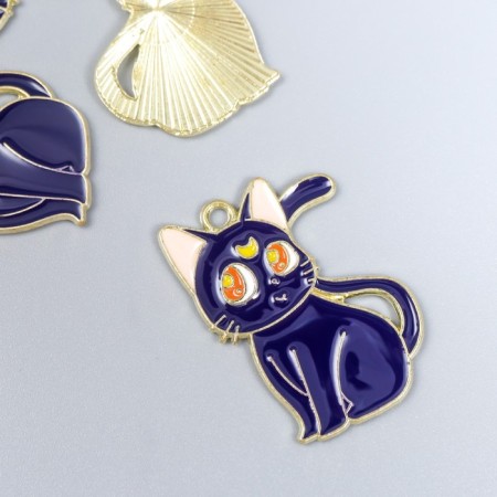Decor for creativity metal, enamel "cat with a month" Blue 2.1x3 cm