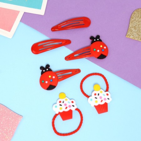 Shirley hair set (2 elastic bands 5 cm, 4 invisibility 5.5 cm) cake, red-1