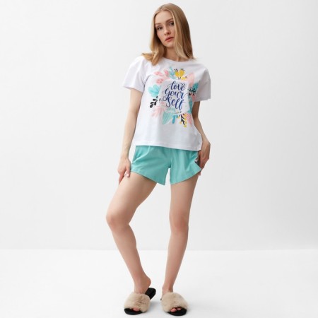 Women's home set (T-shirt, shorts), mint color with flower, river 44-1