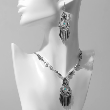 Set 2 items: earrings, necklace "India" Flora and fauna, blue color in black silver, 32 cm