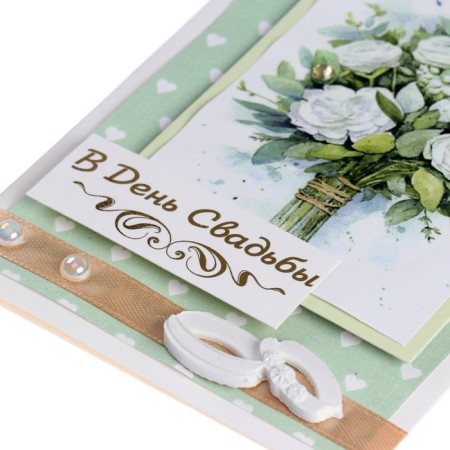 Postcard "On the Day of Wedding!" Handmade, white roses, 11.5x17 cm-3