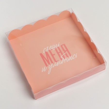 Cookie box, confectionery packaging with PVC lid, “eat me and smile”, 18 x 18 x 3 cm-1
