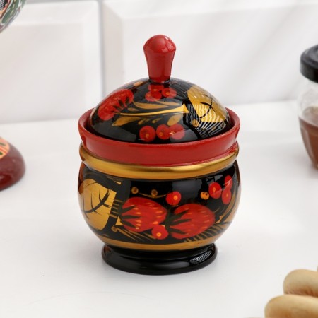 Solonka "Berry", with a lid, large, 10 × 8 cm, Khokhloma